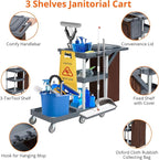 Commercial Janitorial Cart, 3-Shelf Housekeeping Cleaning Cart with Wheels, Cover, Shelves, and Oxford Bag, Traditional Janitorial Cart for School Hotel Apartment