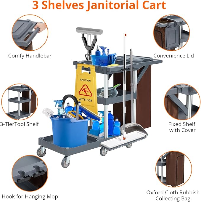 Commercial Janitorial Cleaning Cart on Wheels - Black Housekeeping Caddy with Cover, Shelves and Vinyl Bag