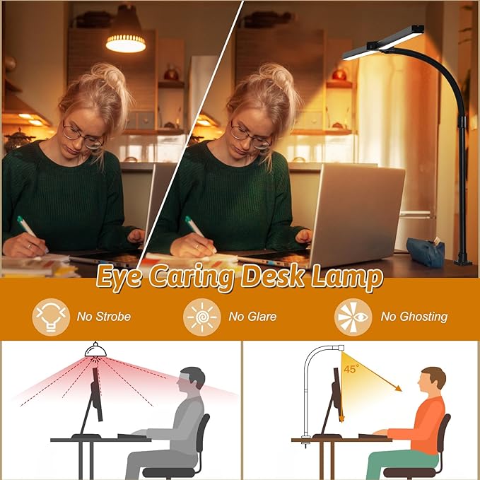 LED Desk Lamp for Office Dorm Home - Eye Caring Desk Light with Timer, Remote Control 24W Brightest Dual Screen Computer Monitor Gooseneck Dimmable Table lamp with Anti-Glare Cover Base
