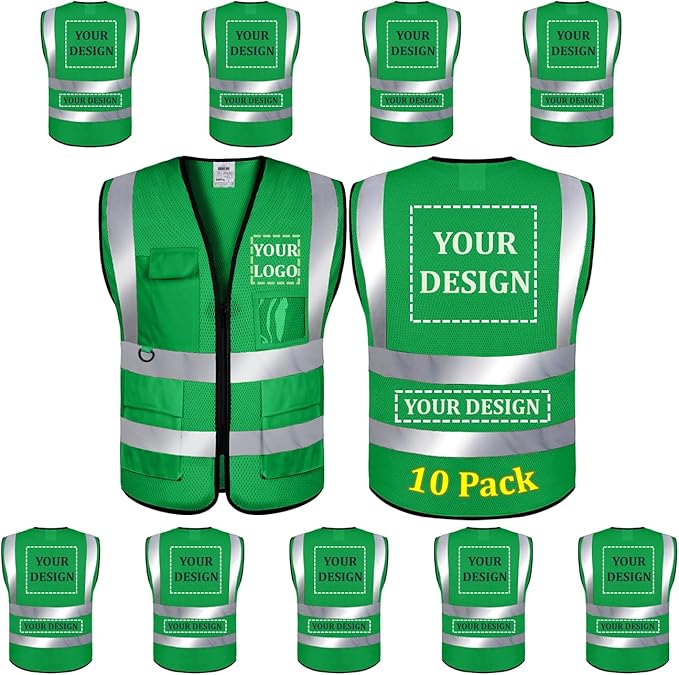 10 Pack Mesh Safety Vest Custom Logo High Visibility Reflective Vest with Pockets Security Work Vest（Green，XL）