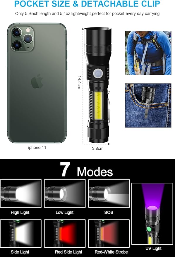 UV Flashlight Rechargeable, Black Light Flashlight with Magnet&Side Work Light 3in1 Tactical Flashlight Blacklight&Redlight, Zoomable, Waterproof LED Torch for Pet Urine Detector, Mechanics,2 Pack