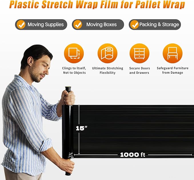 Black Stretch Film Shrink Wrap for Moving Supplies (15inch, 2 Pack) x 1000ft, Industrial Strength Plastic Wrap Stretch Roll for Pallet Wrapping Shipping Moving Boxes Storage Furniture with Handles