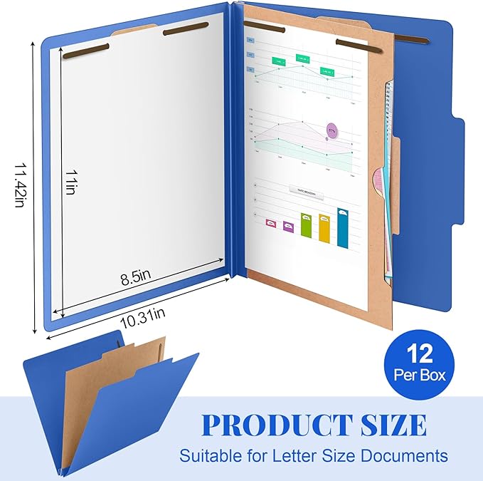 Skyygemm 12 Pack Classification Folders Letter Size Bulk with Divider and 2" Expansion, Pressboard Folder with 2 Prong Fasteners for Teachers, Clergy, Office, Church, Christmas Donations(Dark Blue)