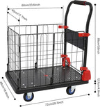 Foldable Hand Truck, 330LBS Dolly Folding Push Cart with Removable Cage, 4-Inch TPR Wheels Convertible Cart Dolly for Moving, Heavy Duty Folding Platform Truck with Mesh Panel