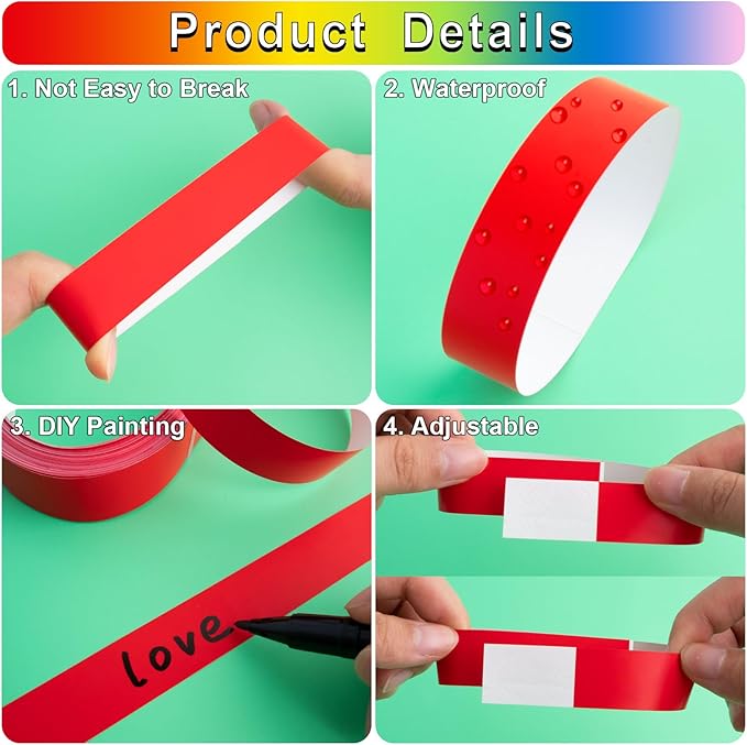 1200 Pcs Plastic Paper Wristbands for Events Neon Color Wrist Bands Concert Identification Wristbands Paper Bracelets Wristbands Party Hand Bands (Red, Orange, Yellow, Fluorescent Green, Blue, Pink)