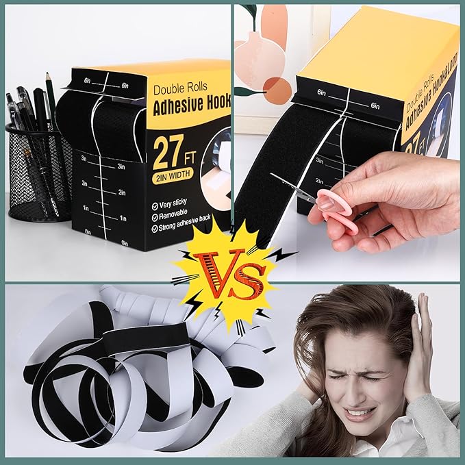 Navona 27Ft x 2 Inch Hook and Loop Strips with Adhesive, Heavy Duty Self Adhesive Tape with Back, Strong Sticky Back Fastener Roll for Home, Office, School, Crafting, Black
