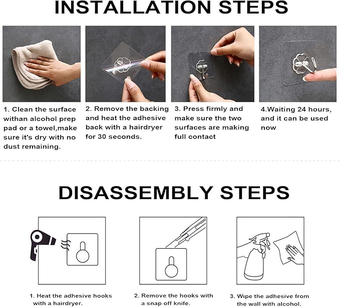 ZESLMG Heavy Duty Sticky Wall Hooks for Hanging, 36 Pack Self Adhesive Hooks 44lb Clear, Removable Large Shower Hook No Damage for Towel Key Coat Picture Wreath Outdoor Bathroom Kitchen, Waterproof
