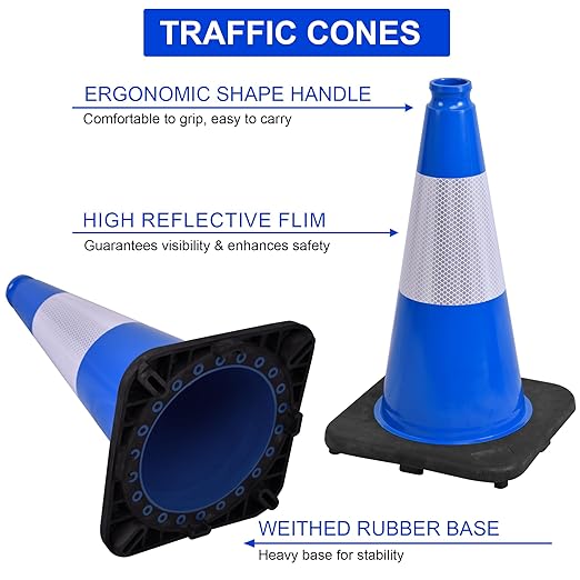 OrangeStar 18" Traffic Cones 4-Pack Blue Safety Cones with Reflective Collars, Heavy Duty Base for Construction, Parking Lot, Road Work, Flexible PVC, Indoor & Outdoor Use