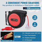 VEVOR 75FT Retractable Extension Cord Reel, 14AWG/3C SJTOW Heavy Duty Power Cord w/Lighted Electrical Triple Tap Outlets, 13A Circuit Breaker,180° Swivel Bracket for Workshop or Garage, Red