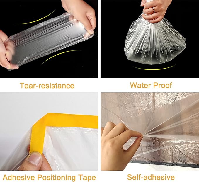 Muf 2 x 65 Feet Plastic Drop Cloth Plastic Sheeting with Masking Tape,Waterproof Protective Masking Film,Prevent Dust Paint for Car,Furniture,Carpet,Floor,1 Pack