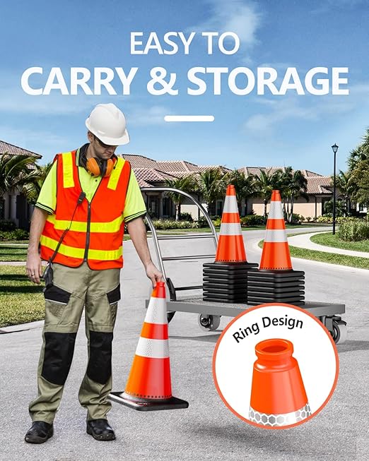 (12 Pack) BATTIFE Traffic Cones 28 Inch with Black Weighted Base, PVC Orange Cone for Traffic Control, Construction Events, Driveway Road Parking Lot