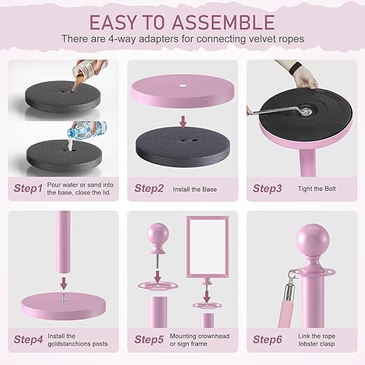 kaiyomi 8Pcs Stanchions Posts Velvet Ropes with Pink Carpet and Sign Frame, Water or Sand-Fillable Base, Suitable for 8.5" x 11" A4 Paper Size Sign Frame for Pink Carpet Party Decoration (Pink)