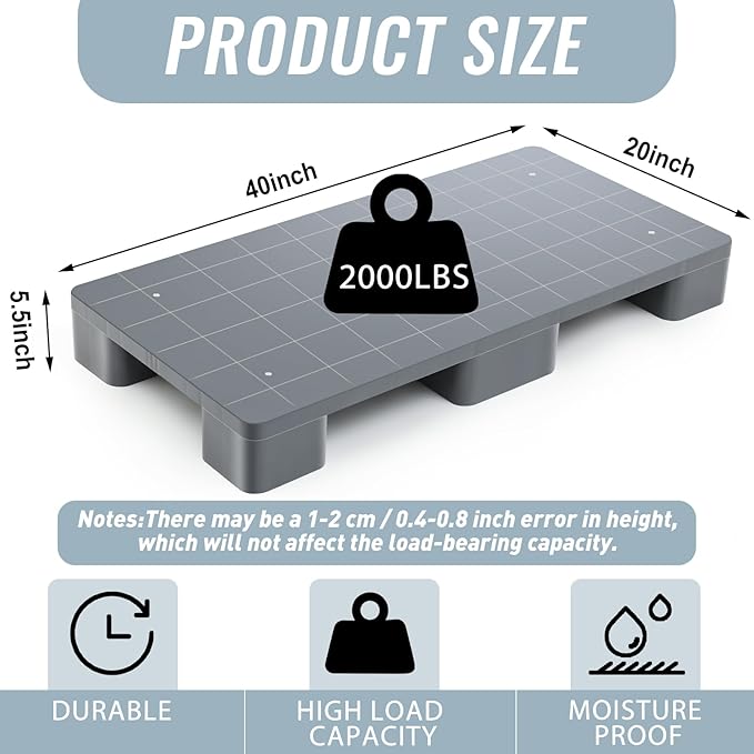 1 Pcs Plastic Pallet for Basement Storage Easy Stack Lightweight Floor Pallet Display Flooring Room Supermarket Christmas, Support up to 2000 Lbs (40'' L X 20'' W X 5.5'' H,Grey)
