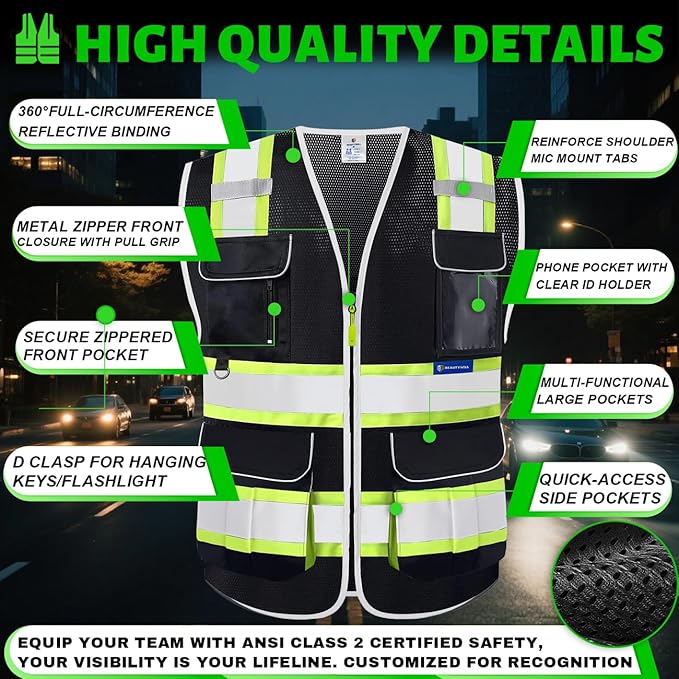 BeautyWill Safety Vest Class2 ANSI Certified Custom Logo High Visibility Reflective Vest for Men -10 Pockets Personalized Logo Heavy-Duty Work Vest（Mesh Black，3XL）