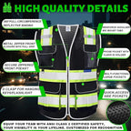 BeautyWill 5 Pack Safety Vest Class2 ANSI Certified Custom Logo High Visibility Reflective Vest for Men -10 Pockets Personalized Logo Heavy-Duty Work Vest（Mesh Black，M）