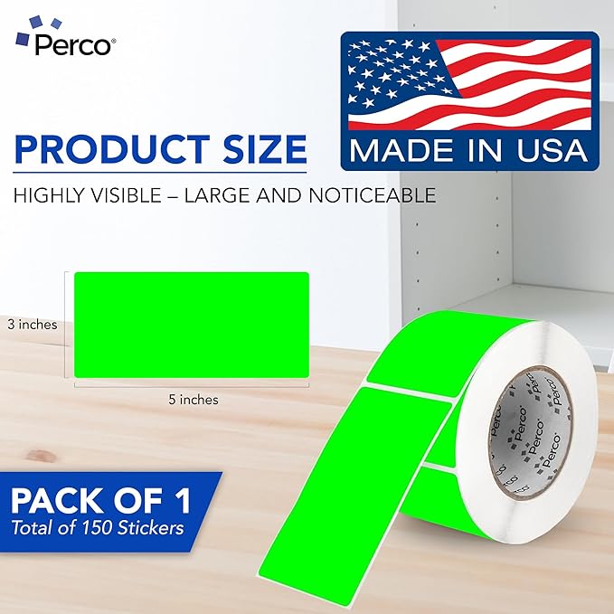 Perco Fluorescent Green 3x5 Inch Perforated Sticker Labels — 150 Stickers/Roll — with Permanent Adhesive for Inventory Management, Color Coding, Moving Boxes, Retail, Organizing & Crafts — Made in USA