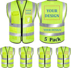 5 Pack Custom Logo Mesh Safety Vest Class2 High Visibility Reflective Vest with 5 Pockets Construction Security Work Vest ANSI/ISEA Standards（Yellow，3XL ）