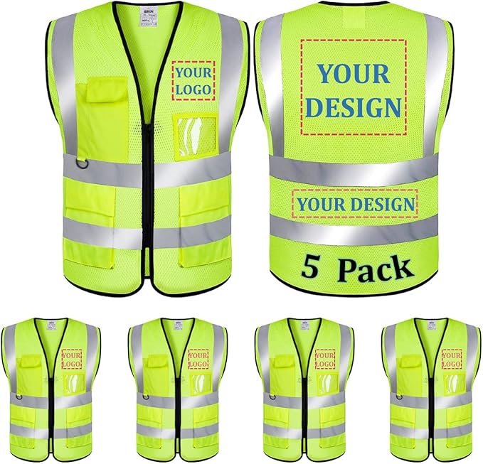 5 Pack Mesh Safety Vest Custom Logo Class 2 High Visibility Reflective Vest with Pockets Construction Security Work Vest（Yellow，XXL）