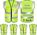 5 Pack Mesh Safety Vest Custom Logo Class 2 High Visibility Reflective Vest with Pockets Construction Security Work Vest（Yellow，L）