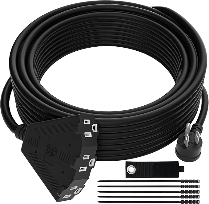 14/3 Gauge Heavy Duty Outdoor Extension Cord 12 FT, 90 Degree Angled 3 Prong Plug, 14 Gauge Power Cable with 3 Outlets, 14AWG, 15A, 125V, 1875W, ETL Listed, Black Wire, with Free Carrying Strap+Ties