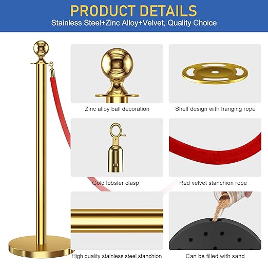 6 PCS Stanchions and Velvet Ropes, Gold Posts 5 Feet Crowd Control Barriers, Stainless Steel Poles for Red Carpet Themed Party Decoration (Golden)