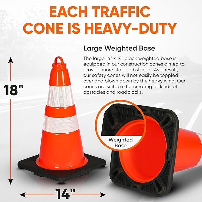 Pyle 18" PVC Traffic Cones, 6-Pack Safety Cones for Parking, Construction, Roadwork, & Sports Training, High-Visibility Orange, Durable, Stackable Design, Heavy-Duty Base for Stability in All Weather