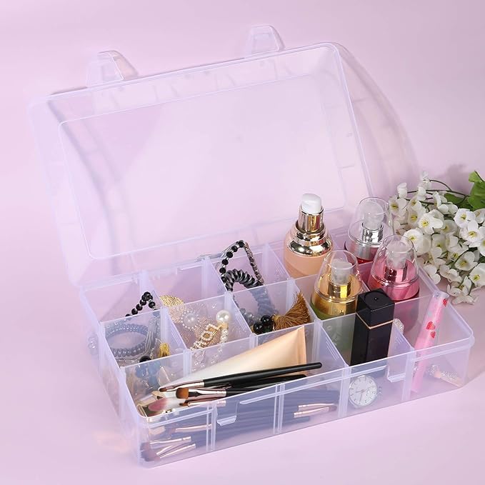 2 Pack 15 Grids Clear Plastic Organizer Box with Adjustable Dividers, Craft Storage Containers for Jewelry, Beads, Screws, Tackle Box, Washi Tapes, Small Parts Organizer for Arts and Crafts
