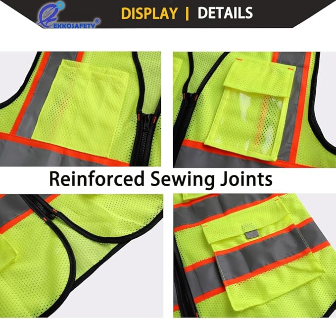 Reflective Safety Vest for Men Women with 9 Pockets and Zipper Front Class 2 High Visibility Mesh Work Vest Hi Vis Construction Vest,Meets ANSI/ISEA Standards(EK176-Yellow-2XL)
