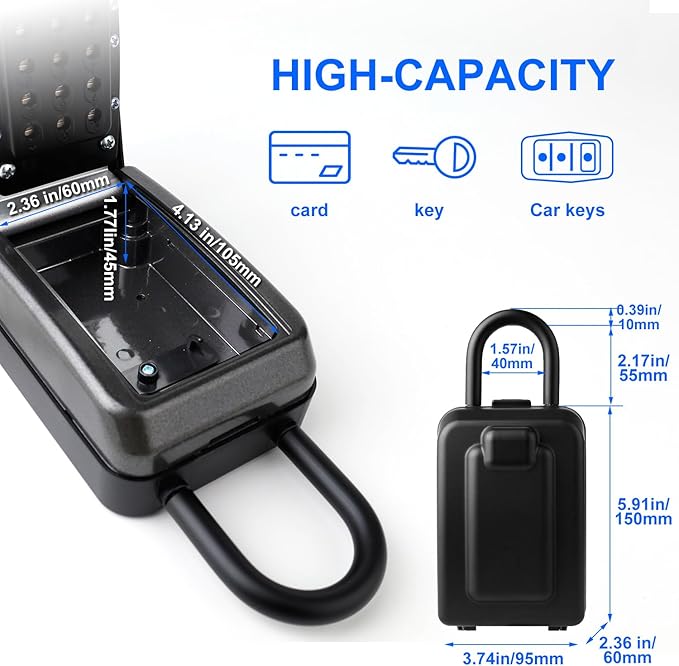 Key Lock Box, 12-Digit Code, Weatherproof Wall Mount, Large Capacity 5-8 Keys, Aluminum Alloy (Black, 3.58 * 2.24 * 7.8IN with Shackle)
