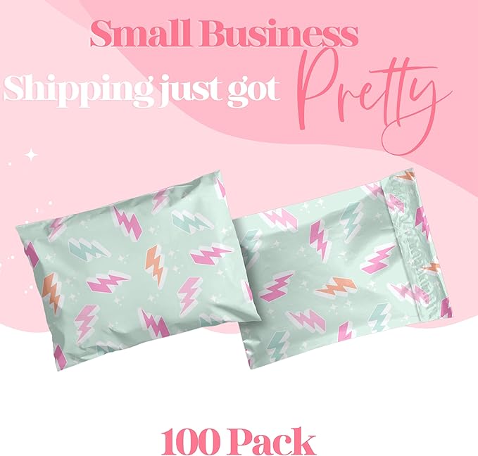 14.5x19 Designer Poly Mailer 100 Pack Heavy Duty Waterproof Self Seal Shipping Bags for Small Business Large Mailing Envelopes Bulk Tear Resistant Cute Packaging Lightning Bolt