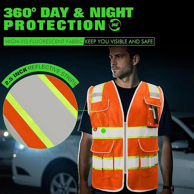 BeautyWill Custom Logo Safety Vest 8 Pockets Class2 ANSI Certified High Visibility Reflective Vest for Men - Personalized Logo Heavy-Duty Work Vest（Orange，3XL）