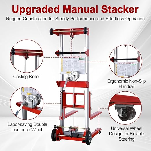 122" Material Lift Winch Stacker, 400 lbs Capacity Manual Material Lifts, Fixed Straddle Material Lifter, Hand Winch Lift Trucks for Warehouse, Factory, Lightweight, 34.60" L x 24.80" W, Red