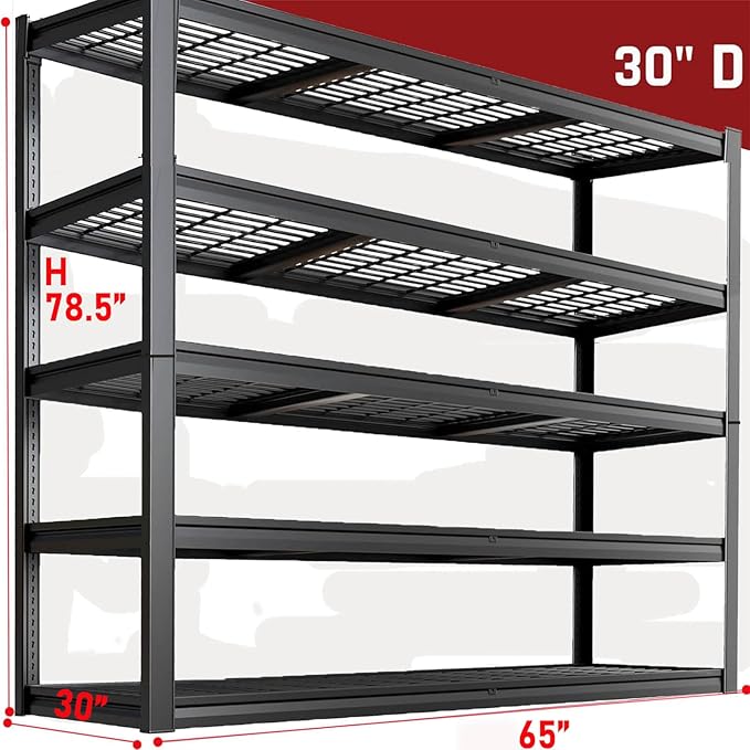 65" W Garage Shelving Heavy Duty, 5 Tier Garage Shelves, 30" D Adjustable Storage Shelving Unit, Commercial Metal Shelf for Warehouse, Pantry, School, Shop, 65" Wx30 Dx79 H, 2 Pack