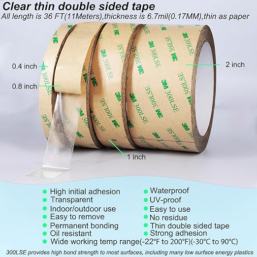 Thin Double Sided Tape Heavy Duty, Clear Adhesive Tape,Removable,Heat Resistant,Waterproof,Sticky Mounting Tape,Strong Two Sided Tape for Scarpbook,Wall,LED Strips,Poster,Craft,0.4 inch *36FT