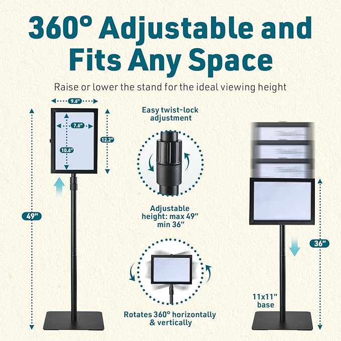 1 PACK Double-Sided Adjustable Heavy Duty Pedestal Sign Holder Stand for Display - Indoor/Outdoor Floor Sign Stand with Base 8.5x11 inches (Horizontal and Vertical Orientation) - includes dry erase marker