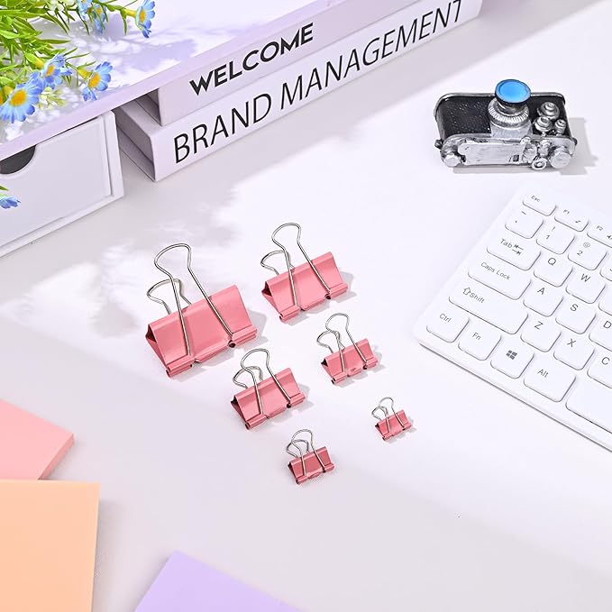 Temiary 208 Pcs Metal Binder Clips, Assorted Sizes Extra Large, Large, Medium, Small, Mini, Micro Binder Paperwork Clip, Morandi Colored Paper Clamps Bulk for Office, Home, School (Pink)