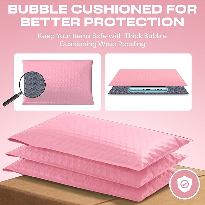 Light Pink 10x13 Inch Poly Bubble Mailers |Self Seal Padded Envelopes for Thick books | Cushioned Bubble Mailer | Usable Size 9.5x13 Inch | Waterproof Lightweight Mailing Shipping Bags | 200 Pack Bulk
