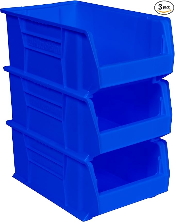 Akro-Mils 30281 Super-Size AkroBins Plastic Storage Bins, Space-Saving Stackable Bins for Garage, Classroom, Warehouse Organization, 20-Inch L x 12-Inch W x 8-Inch H, Blue, 3-Pack