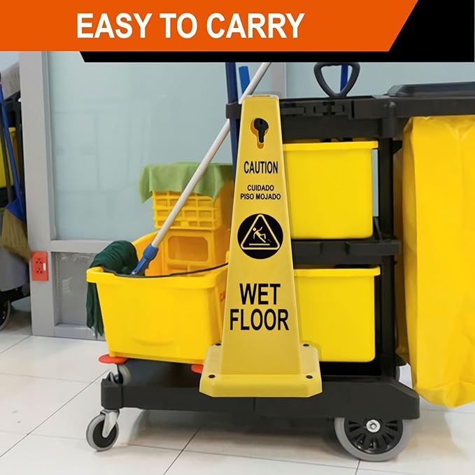 26.5" Caution Cones, 4-Sided Visible Safety Signs with Heavy Rubber Base, Warning for Slip & Fall Prevention, Indoor/Outdoor Use (4, Wet Floor Caution-Yellow, 26.5 inch)