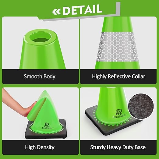 RoadHero 4 Pack Traffic Safety Cones 18 Inch with Black Weighted Base, Plastic PVC Lime Green Traffic Cone with Reflective Collar for Parking Lot, Construction Events, Road Safety