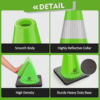 RoadHero 4 Pack Traffic Safety Cones 18 Inch with Black Weighted Base, Plastic PVC Lime Green Traffic Cone with Reflective Collar for Parking Lot, Construction Events, Road Safety