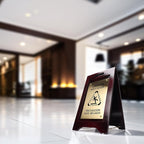 Premium Wooden Caution Wet Floor Sign – Bilingual w/Non-Skid Plastic Feet – For Hotels, Schools, Offices, Areas, Restrooms, Pool Decks & Shops - Brass Plate - (2 Pack)