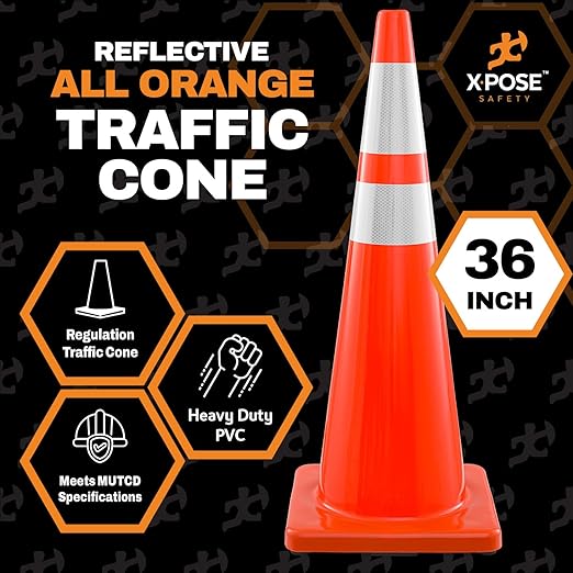 Xpose Safety 36 Inch Orange Traffic Cones Heavy Duty 12lb with 6" & 4" Collars, 24 Pack - Multipurpose PVC Plastic Safety Cone for Parking, Soccer, Caution, Kids and Construction - DOT Approved