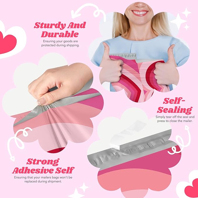 Metronic Poly Mailers 10x13 Inch 50pc Shipping Bags for Clothes,Strong Adhensive Shipping Envelopes for Small Business,Waterproof Mailers Poly Bags for Shipping,Packaging Mailing Bags Pink Heart