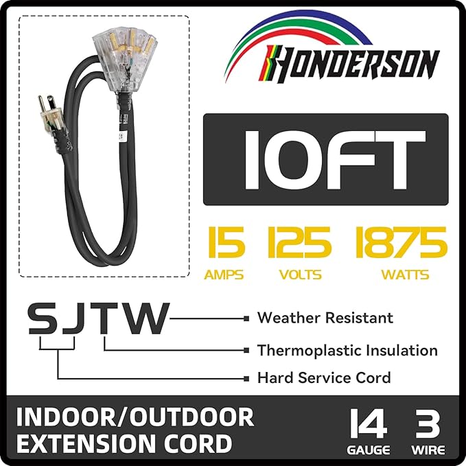 3-Outlets Indoor Outdoor Extension Cord Weatherproof with Lighted End, UL Listed, 14 Gauge 10FT Black 3 Prong Heavy Duty, 14/3 SJTW 15A Power Cord