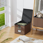 Huolewa Faux Leather File Organizer Box with Lid, Collapsible Hanging File Folder Box Organizer with Plastic Slides, Decorative Home/Office Filing Boxes for File and Folder Storage - Dark Brown