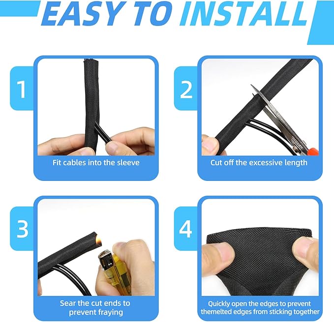 Automotive Wire Loom Tubing, Split Braided Cord Protectors from Pets No Chew, Flexible Cable Sleeve Cable Management for TV/Computer/Electric Wires (Black, 1/2"-10ft)