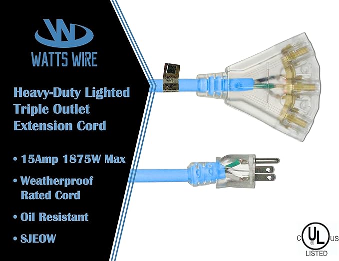 25 ft Extreme Cold Outdoor Extension Cord Waterproof - 12 Gauge Heavy Duty Extension Cord 25 ft - Lighted Outdoor Extension Cords with Multiple Outlets Oil-Resistant Flexible Cord - Watts Wire