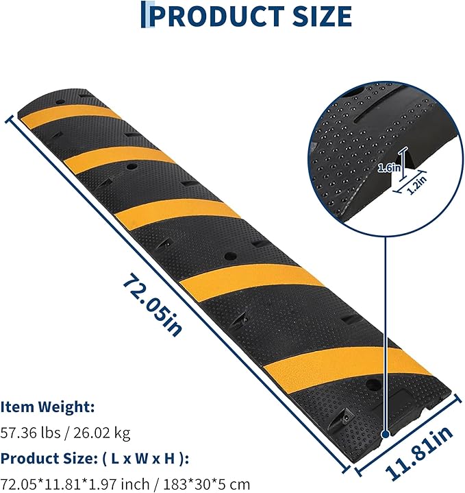 2 Pack 6FT Speed Bumps for Road, Heavy Duty 25,000 Lbs Capacity Traffic Rubber Speed Humps with 2 Channel Floor Cord Cover for Asphalt Concrete Gravel Driveway Road Cable Protector Ramp