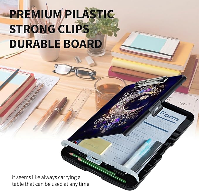 Clipboard with Storage High Capacity Plastic Nursing Clipboards with Pen Holder File Folder Storage Box Clipboard with Heavy Duty Clips for Teacher,Doctor,Offices-Moon Star Galaxy Floral